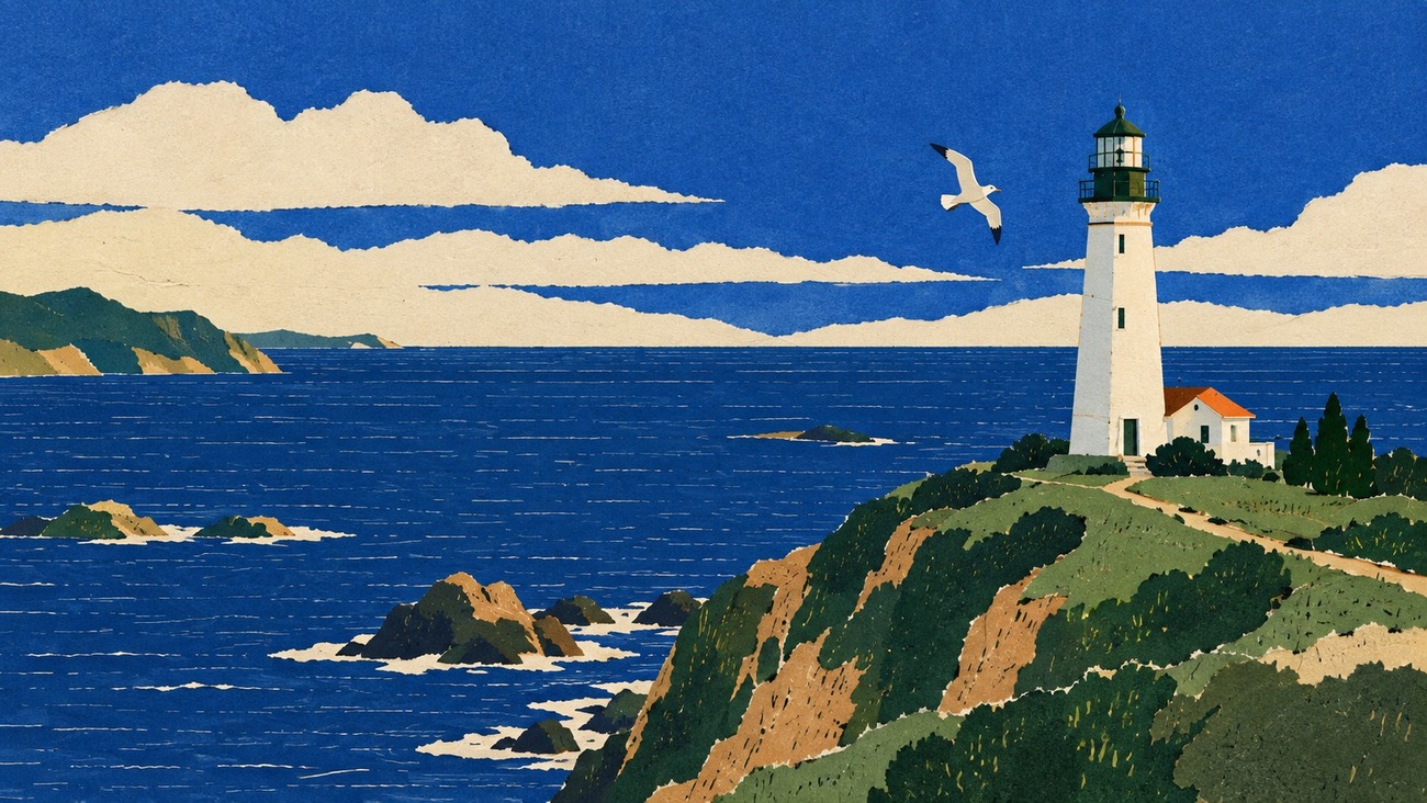 A lighthouse on a headland above the sea